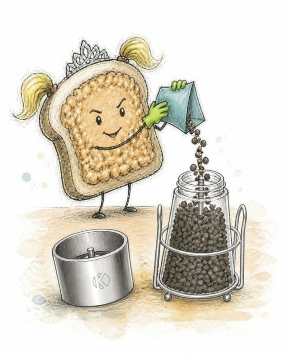 Toast character pouring peppercorns into the wide neck of the glass mill