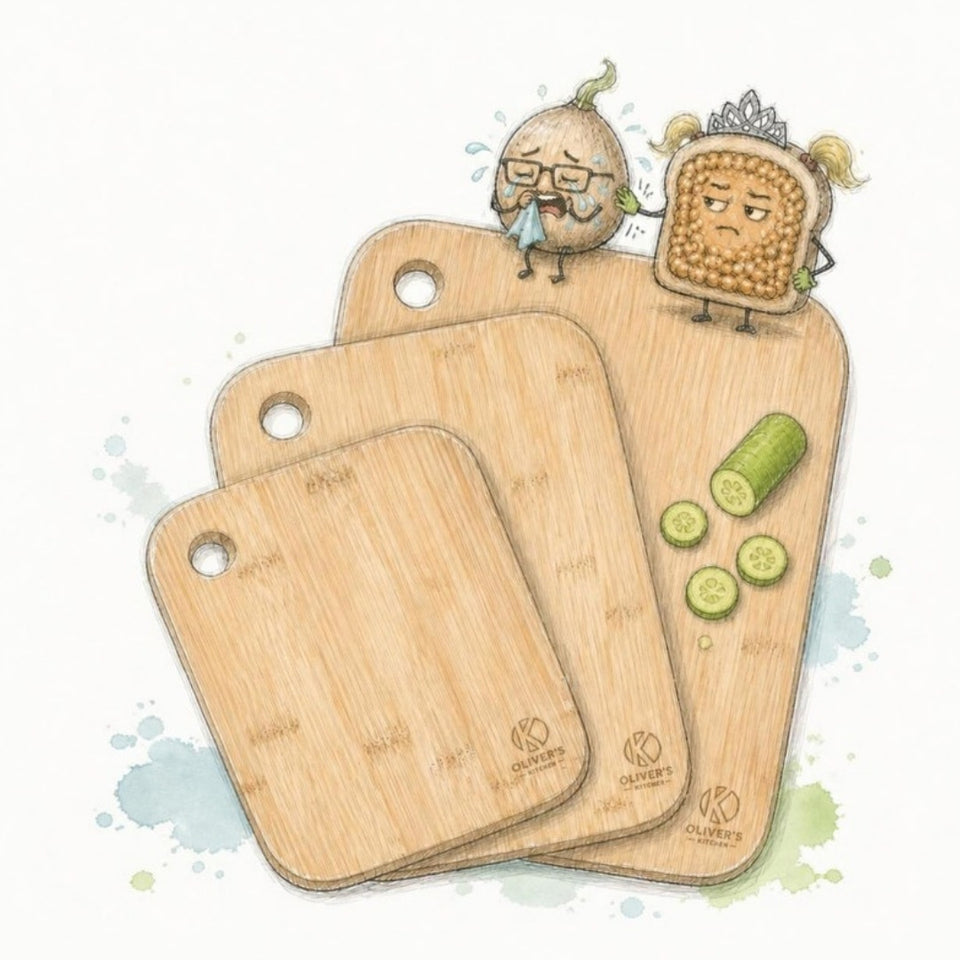 Bamboo chopping boards from Oliver's Kitchen with a sobbing onion and the beans on toast character