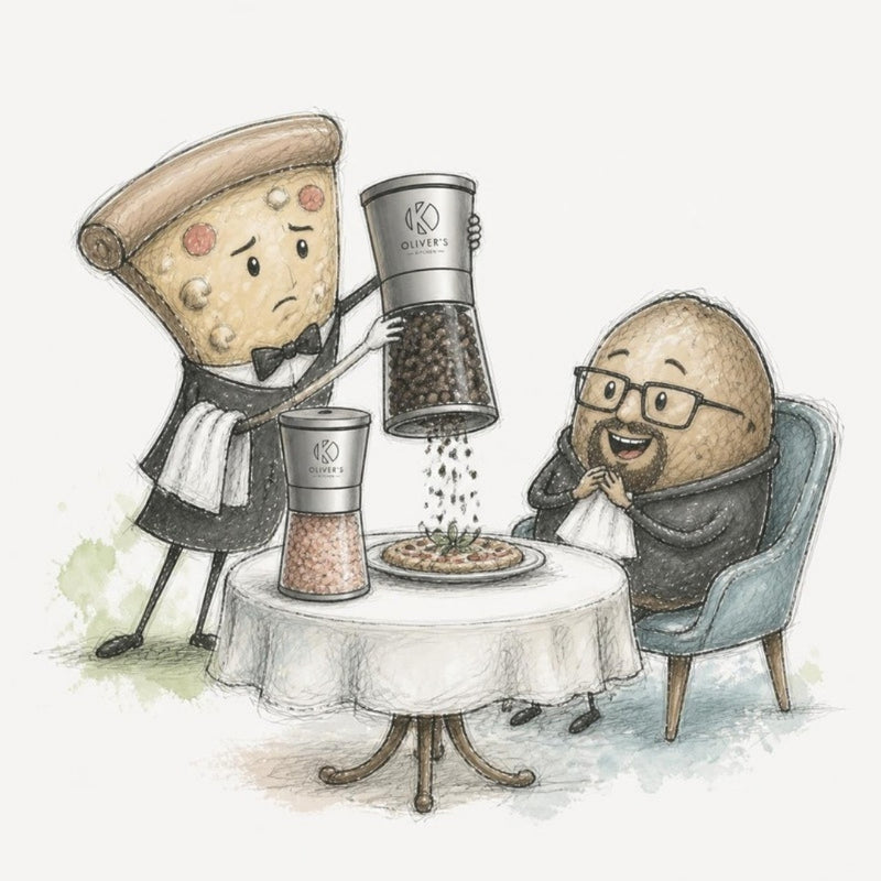 Salt and pepper grinders from Oliver's Kitchen - the pizza slice waiter grinding pepper for the jacket potato