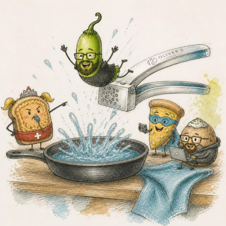 Oliver's Kitchen garlic crusher as a diving board - the chilli belly-flops into a pan, the toast lifeguard whistles