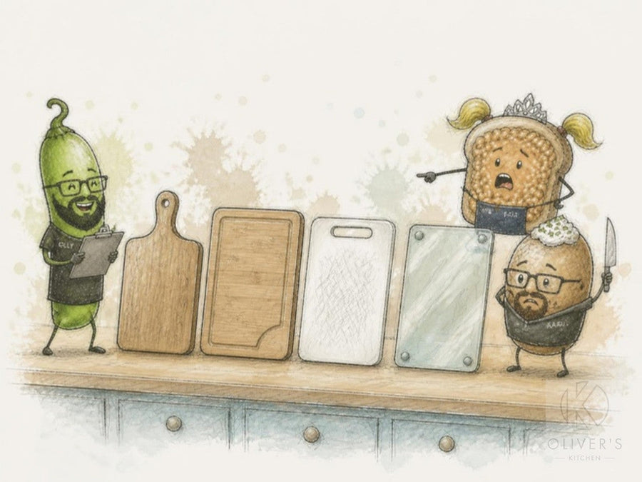 Wood, bamboo, plastic and glass boards lined up while the green chilli judges, toast points at the glass one in horror and jacket potato holds a blunt knife
