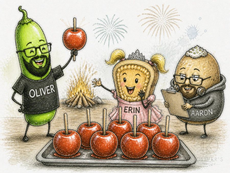Bonfire night food: glossy toffee apples by a bonfire, chilli Oliver, toast Erin in her tiara, jacket potato Aaron