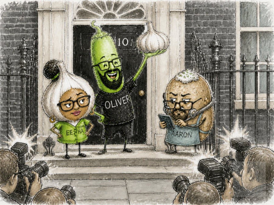 Budget garlic tariff cut: chilli Oliver holds a garlic bulb aloft outside 10 Downing Street as garlic Eesha folds her arms and potato Aaron checks the sums