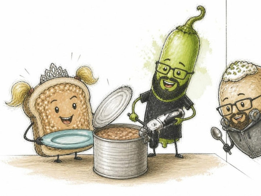 Safety can opener on a tin of beans: green chilli turning the knob, toast with tiara holding a plate, jacket potato peeking