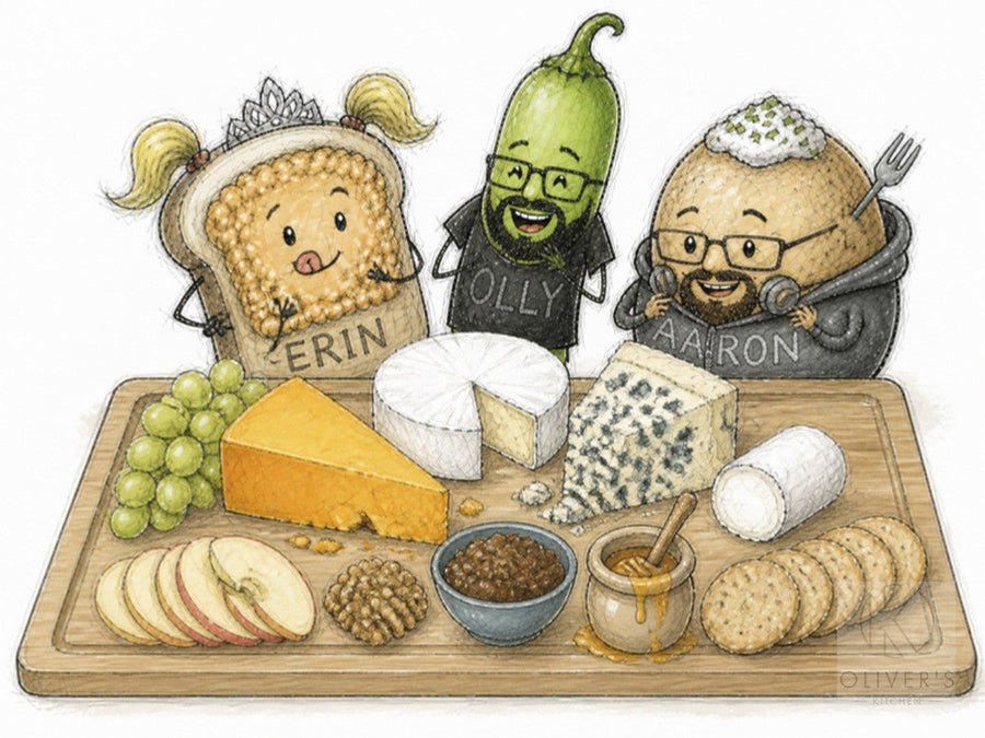 Cheese board ideas: four cheeses, grapes and apple on a bamboo board, toast Erin, chilli Olly and jacket potato Aaron