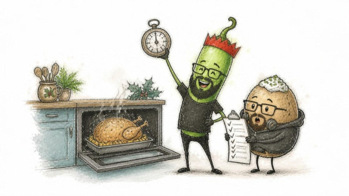 Chilli character in a cracker crown holding up a kitchen timer next to a roast turkey, the jacket potato character ticking a checklist