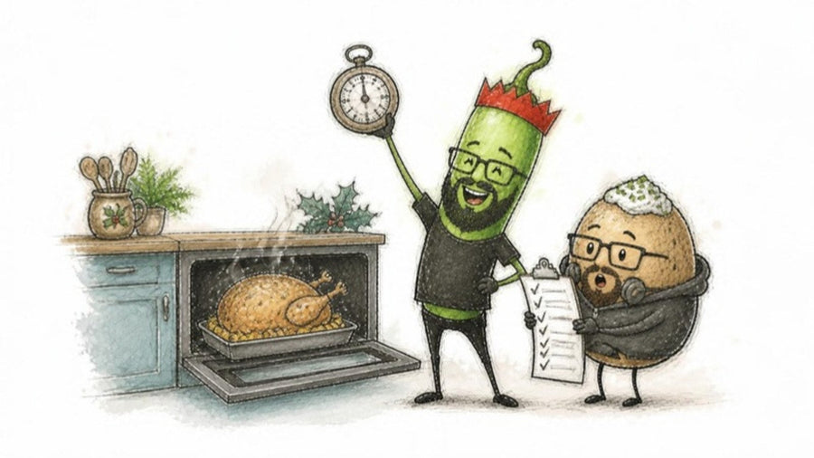 Chilli character in a cracker crown holding up a kitchen timer next to a roast turkey, the jacket potato character ticking a checklist