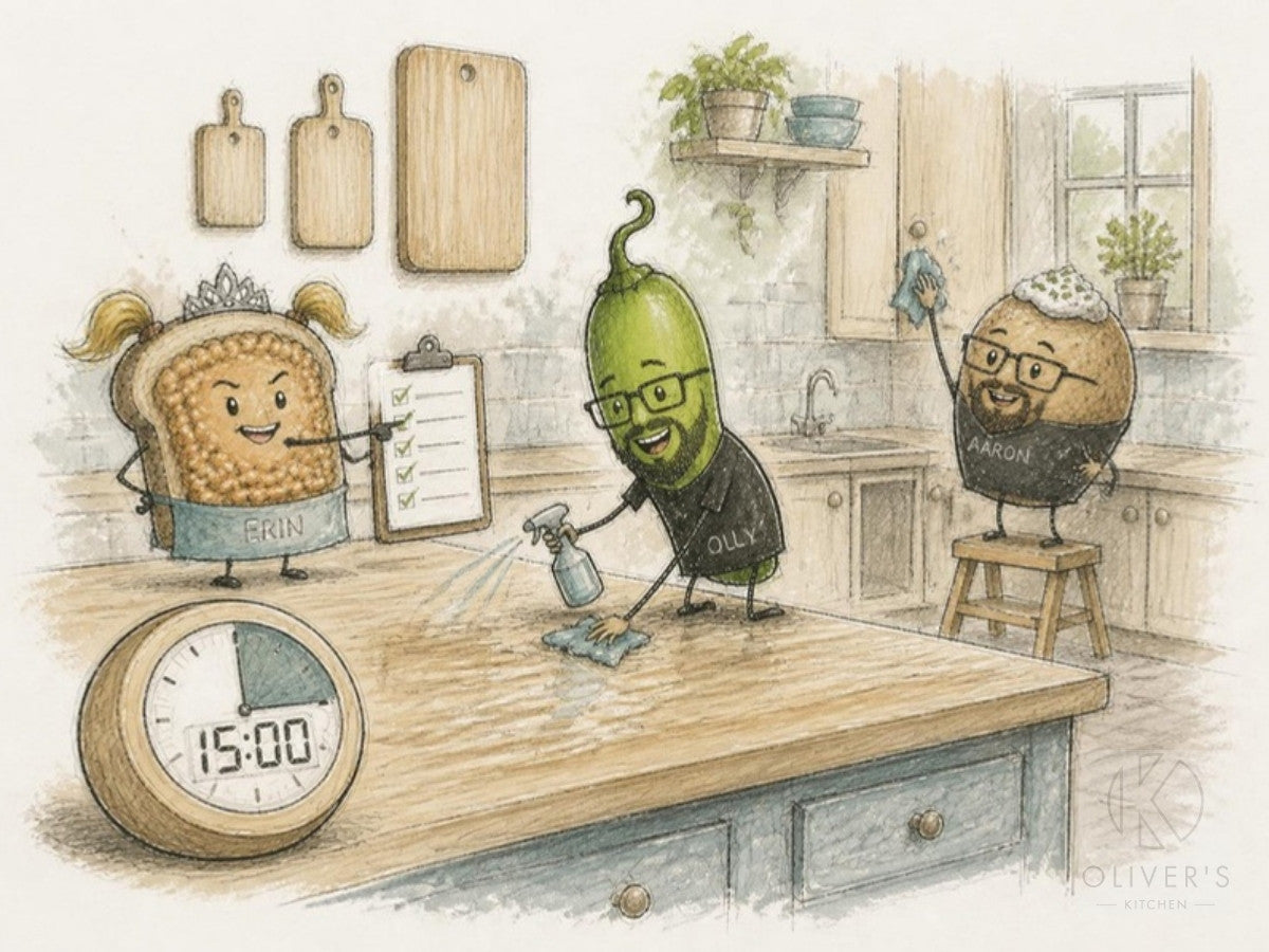 A 15-minute weekly blitz: green chilli sprays the worktop, toast with tiara checks the list, jacket potato wipes the cupboards, kitchen timer on 15:00