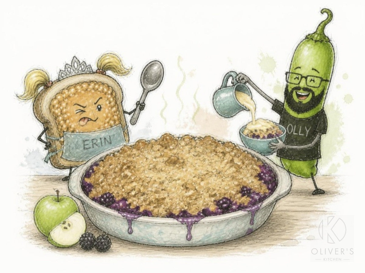 Golden crumble bubbling purple at the edges, toast Erin with a spoon and chilli Olly pouring custard