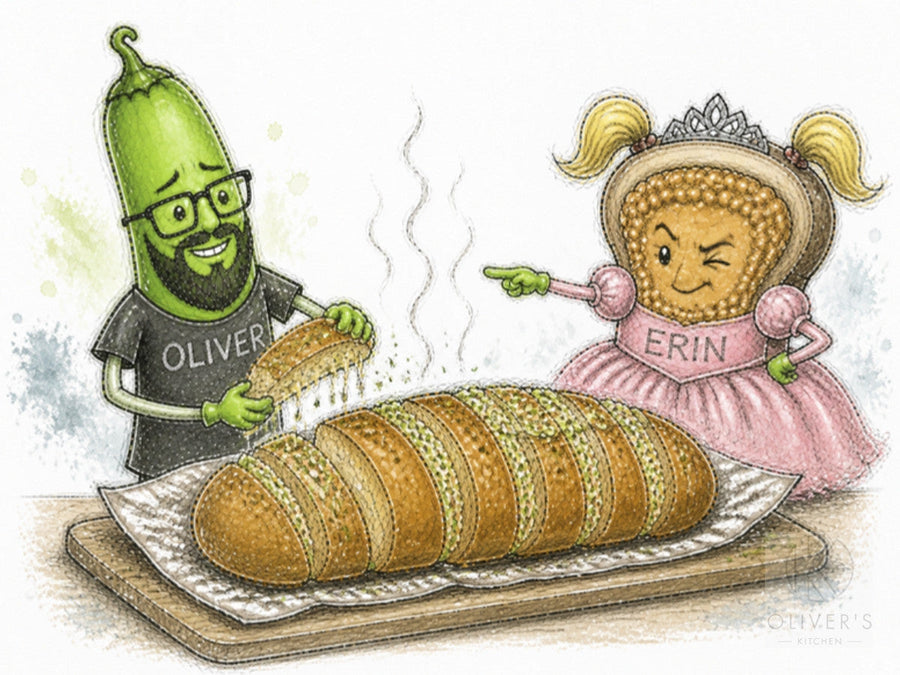 Homemade garlic bread on a board, chilli Oliver tearing a slice and toast Erin in her tiara claiming the end piece
