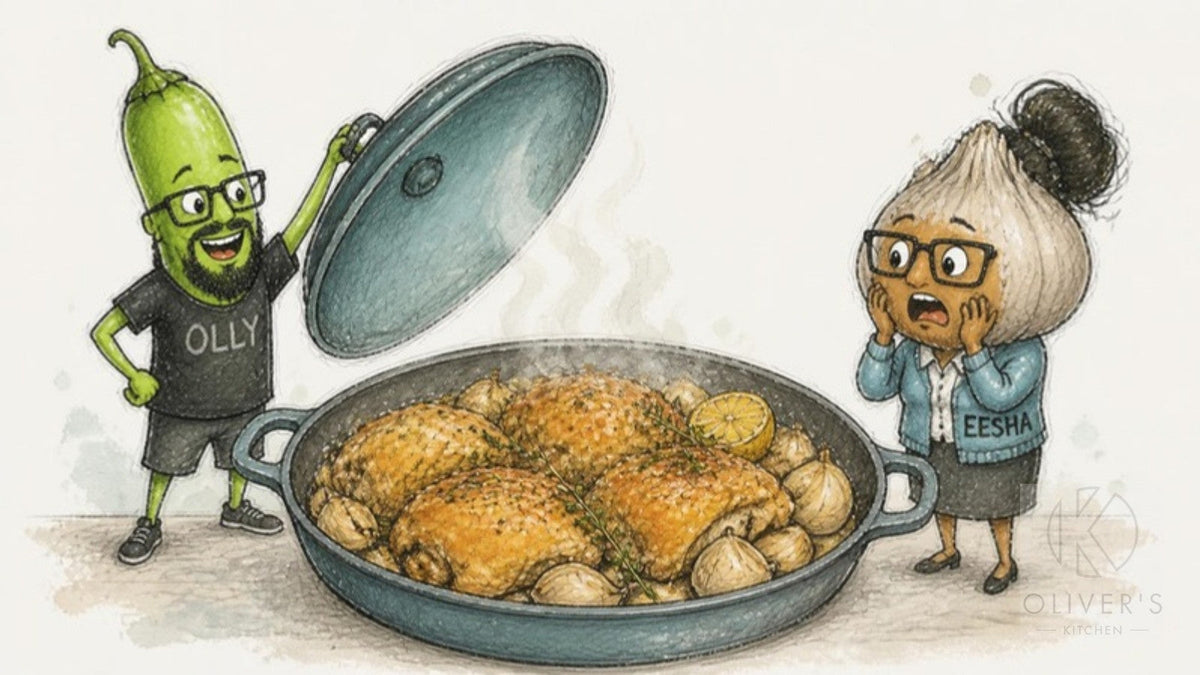Garlic chicken thighs in a casserole with forty soft cloves, chilli Olly lifting the lid and garlic Eesha horrified
