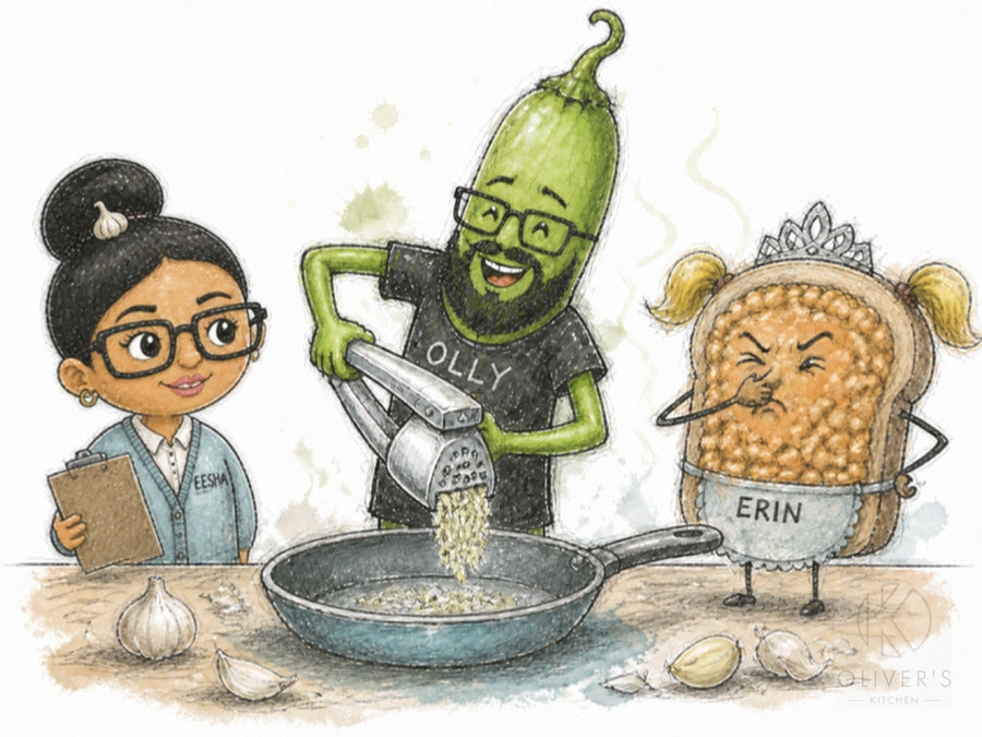Mincing garlic with a press: chilli Olly squeezes it over a pan as garlic Eesha smiles and toast Erin holds her nose