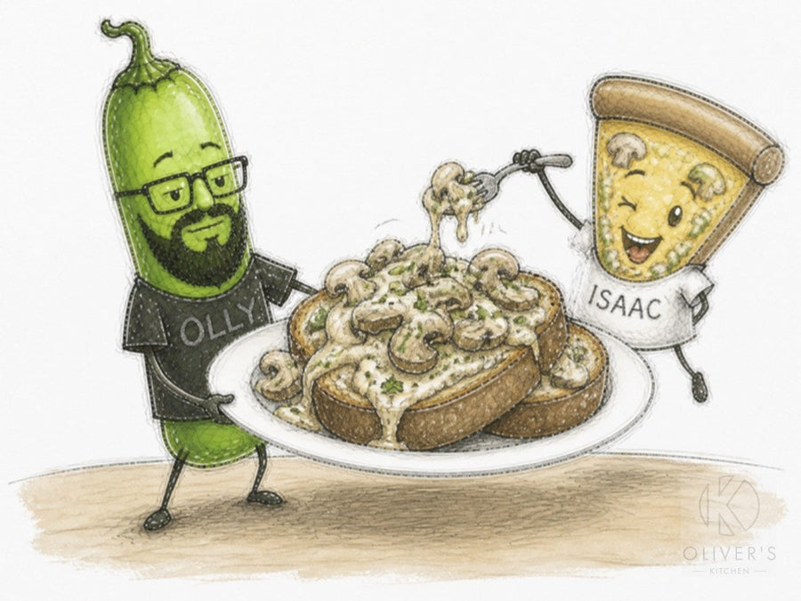 Garlic mushrooms on toast in a creamy sauce, carried by chilli Oliver while pizza slice Isaac sneaks a forkful