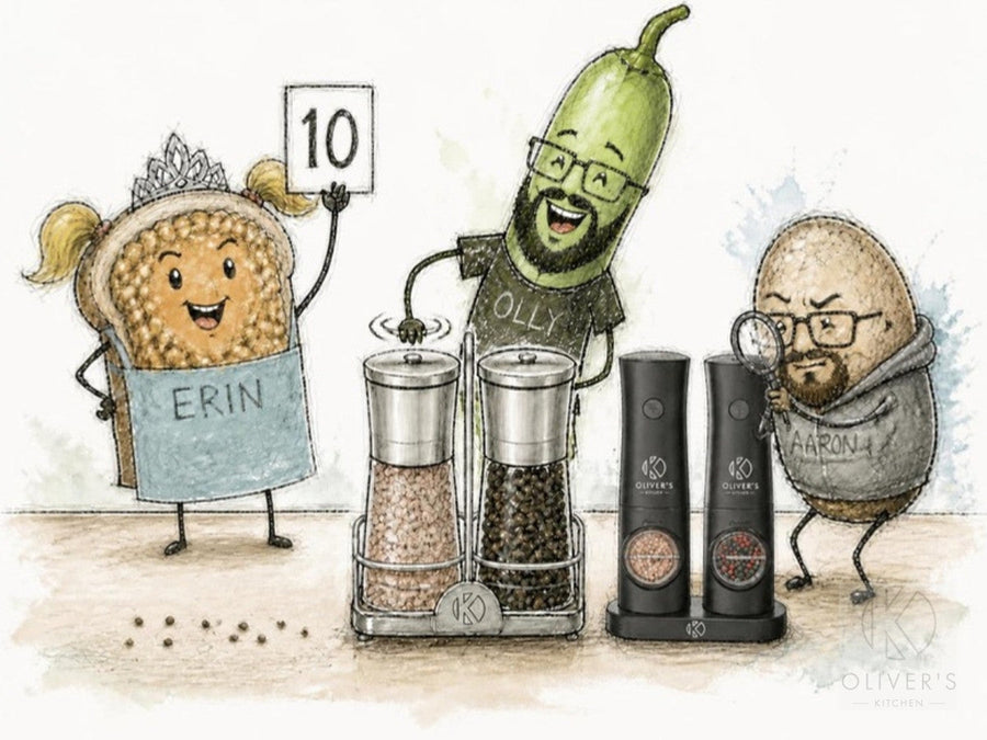 Glass grinder set twisted by bearded chilli, toast in a tiara holds up a 10, jacket potato inspects the USB-C electric pair