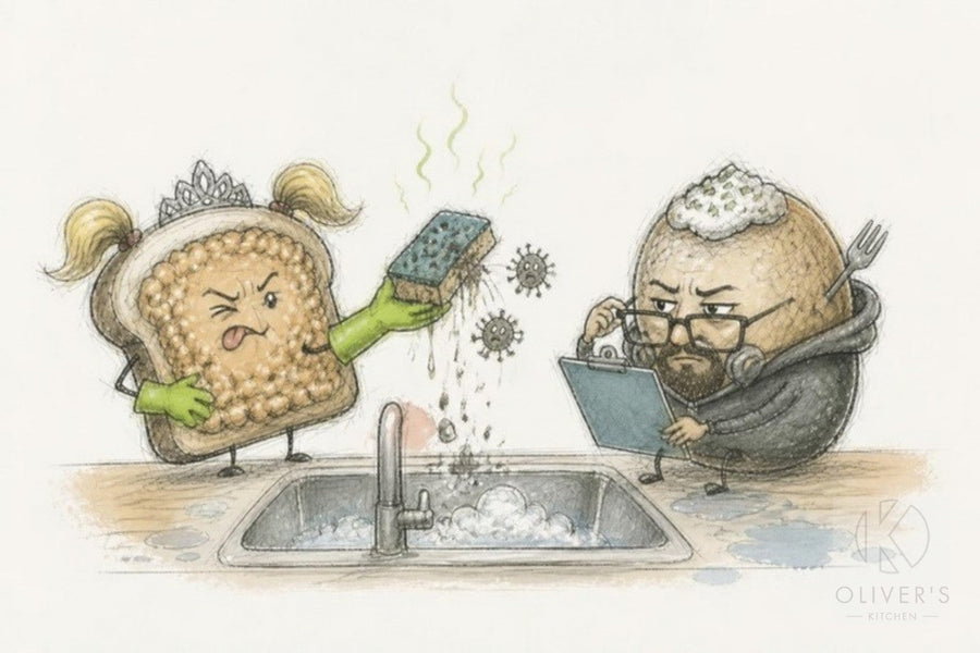 Is your kitchen dirtier than your toilet seat? The toast character holds a smelly sponge while the potato inspects it