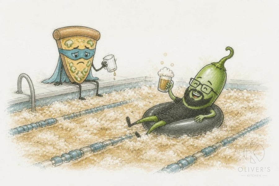 Lockdown beer waste: the chilli character floats in a pool of beer while the pizza slice holds an empty pint
