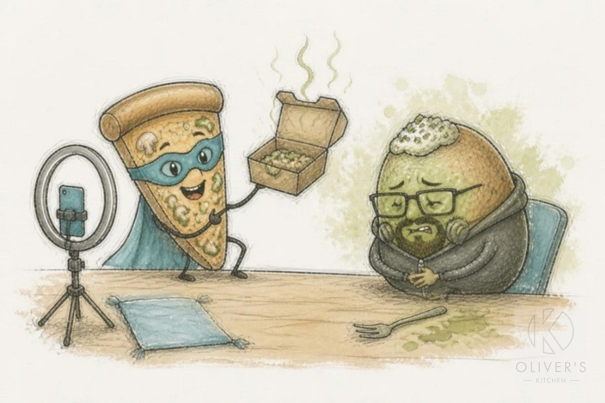 Food from social media chefs: the pizza slice films a smelly takeaway while the jacket potato looks queasy