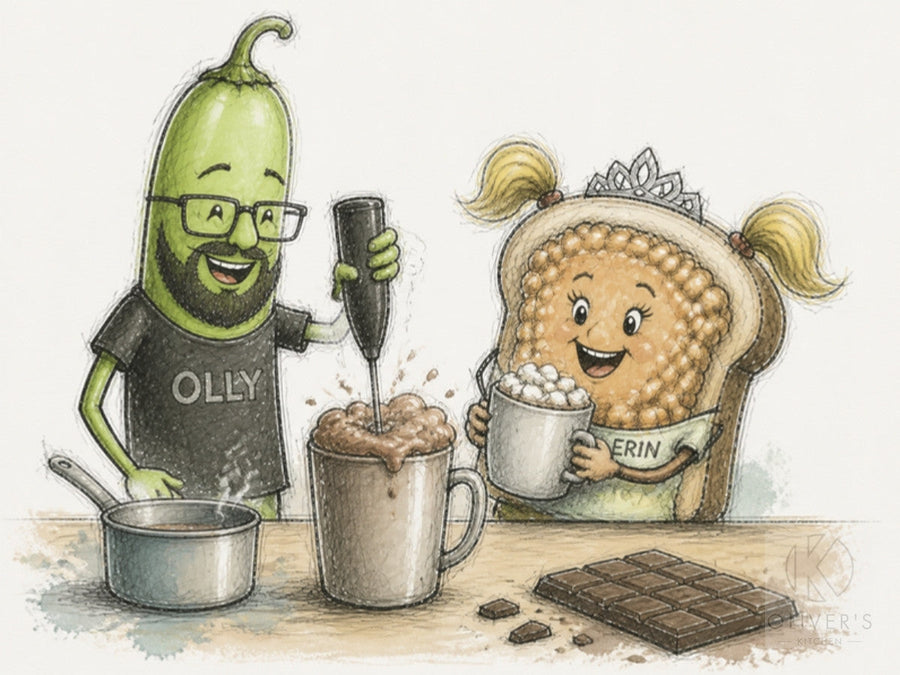 Hot chocolate frothed by chilli Olly with a handheld frother while toast Erin hugs a marshmallow mug