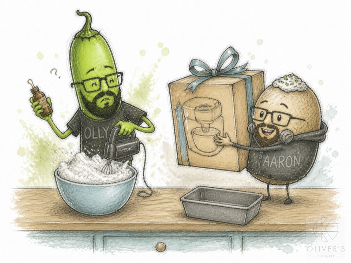 Cream whipped for vanilla ice cream by chilli Oliver, holding the vanilla, as jacket potato Aaron hugs a boxed machine