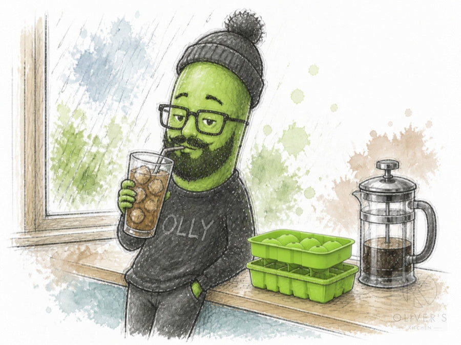 Chilli Olly in a bobble hat sips coffee over big ice cubes by a rainy window, with the OK 2X ice cube tray set and glass press