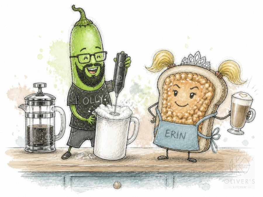 Latte at home: chilli Olly froths milk with the OK frother while toast Erin raises a finished latte