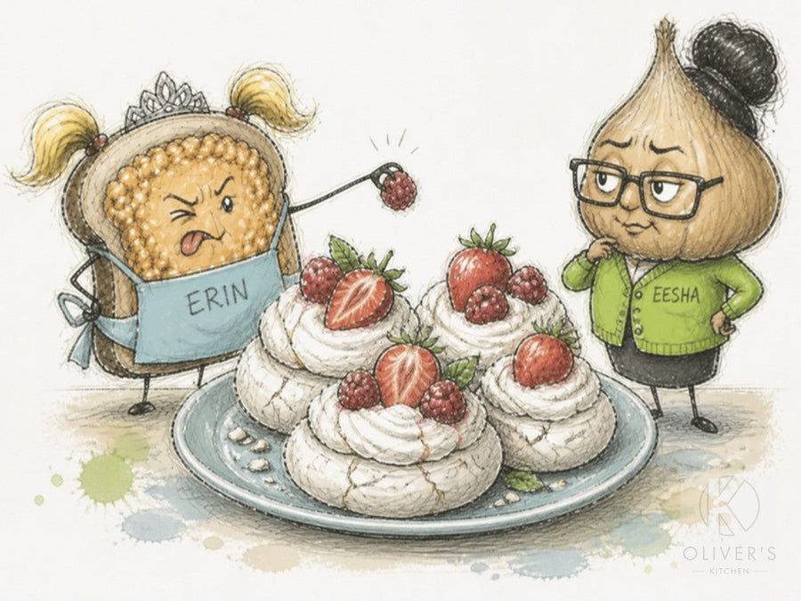 Crisp meringues filled with cream and berries, toast Erin pinching a raspberry while garlic Eesha raises an eyebrow
