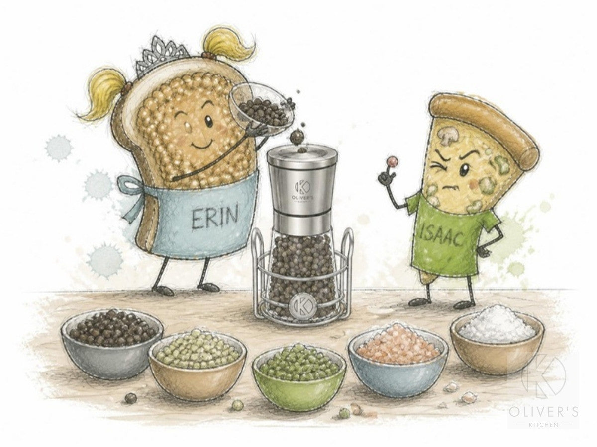 Toast in a tiara pours peppercorns into a glass mill while the pizza slice squints at a suspicious pink one