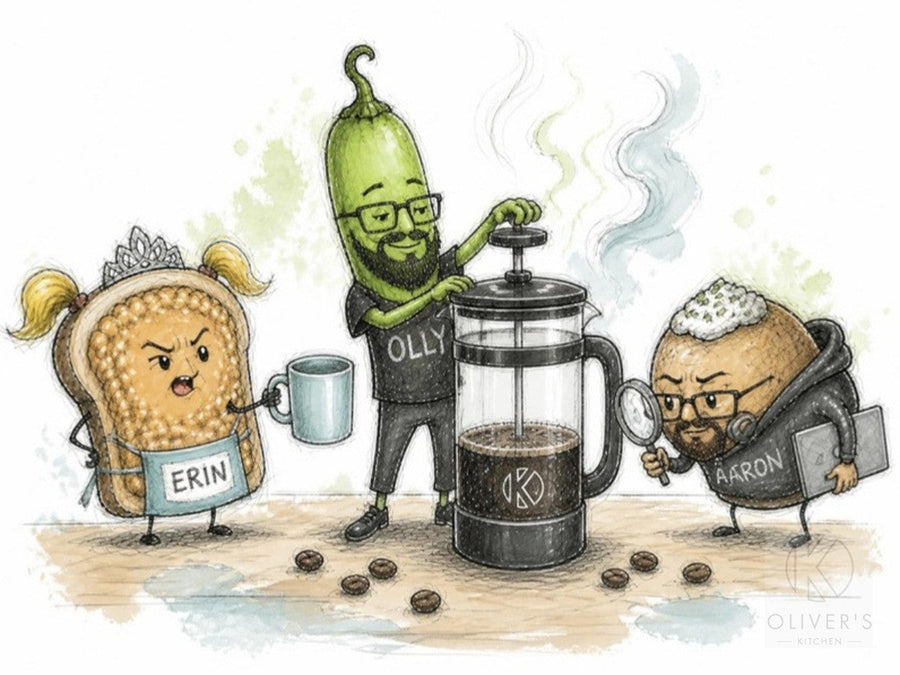 French press coffee: green chilli plunges slowly while toast in a tiara waits with a mug and jacket potato inspects