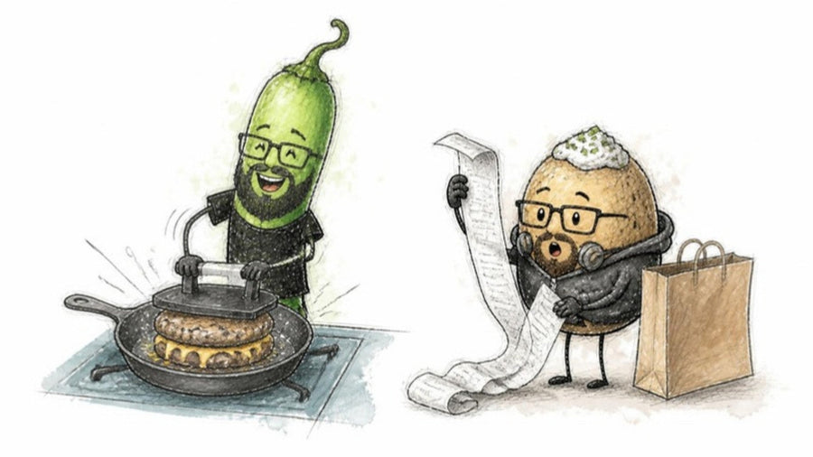 Chilli character pressing a double burger in a cast iron pan while the jacket potato character holds up a very long receipt next to a takeaway bag