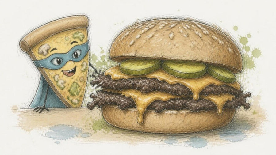 Double smash burger with melted cheese and crispy lacy edges, the pizza slice character eyeing it up