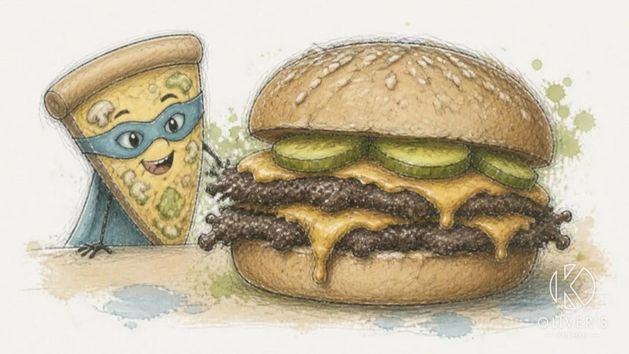 Double smash burger with melted cheese and crispy lacy edges, the pizza slice character eyeing it up