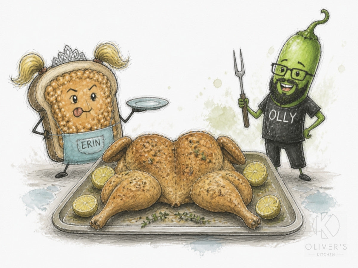 Golden flattened roast chicken with lemons, green chilli Olly with a carving fork and toast Erin with a plate