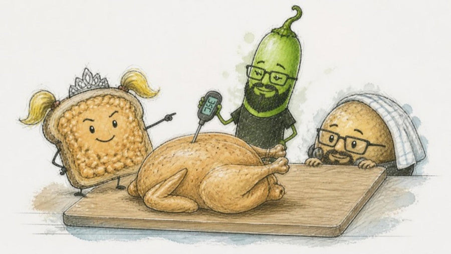 Meat thermometer in a roast chicken thigh, chilli holding the probe while beans-on-toast points and jacket potato peeks