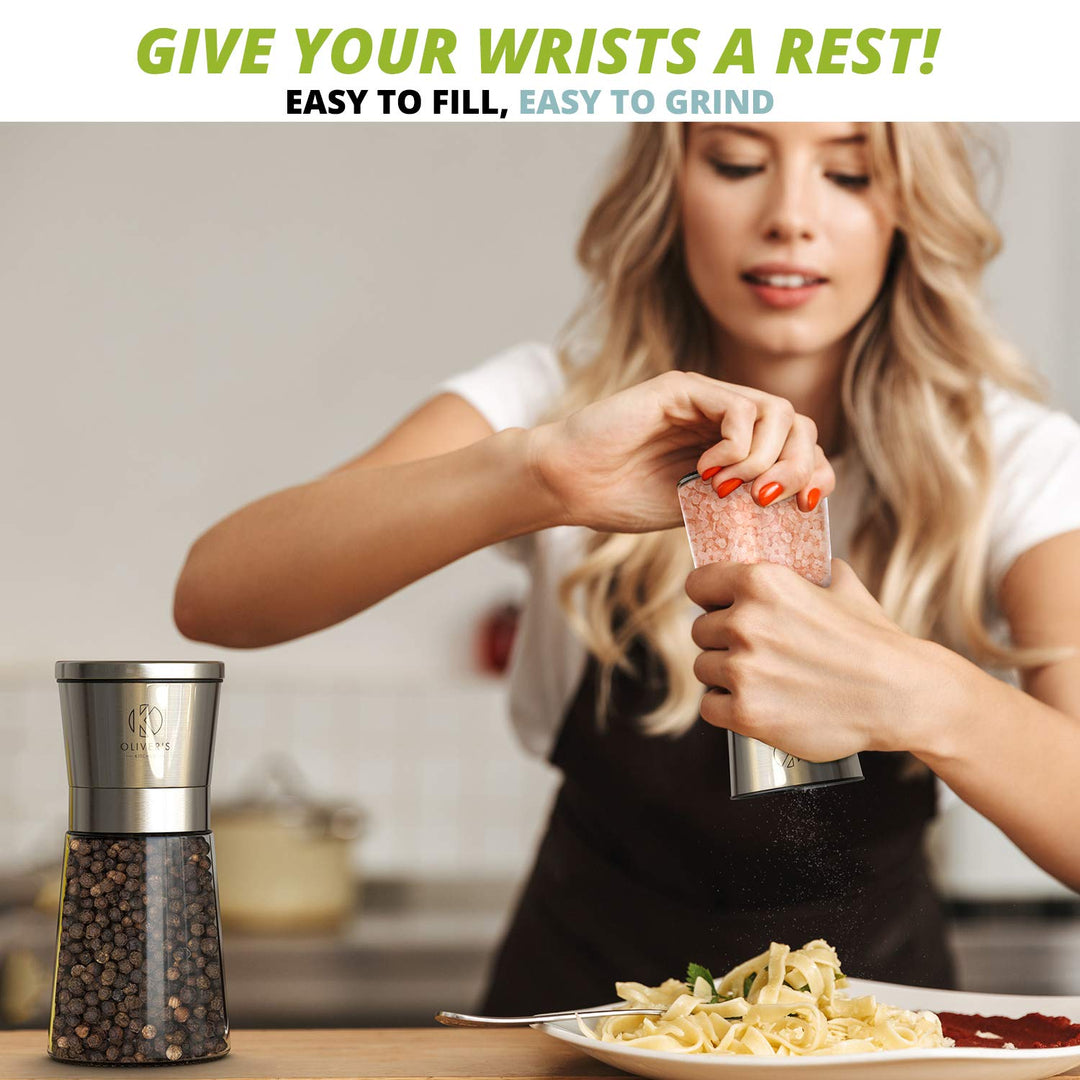 Grinding pepper over a plate of pasta - easy to fill, easy on the wrists