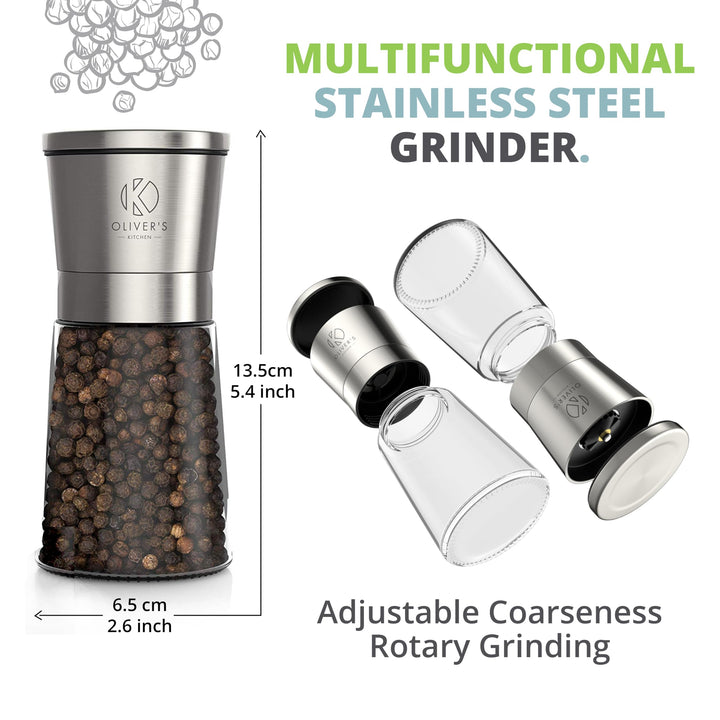 Pepper mill size, 13.5 x 6.5 cm, with the ceramic grinder head shown separately