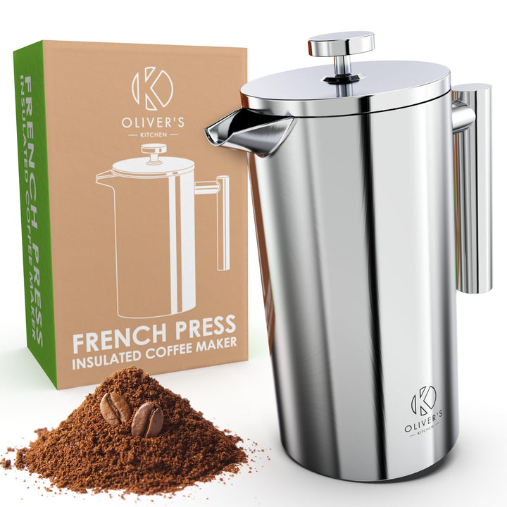 Oliver's Kitchen ® 1 Litre French Press Coffee Maker - Exclusively For Coffee Lovers - Enjoy Pure Authentic Coffee At Home - Stylish Design with Double Wall Thermal Insulation