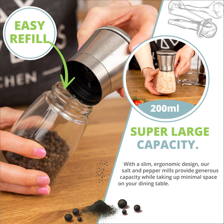 Refilling the glass pepper mill through its wide neck - 200ml capacity in each mill