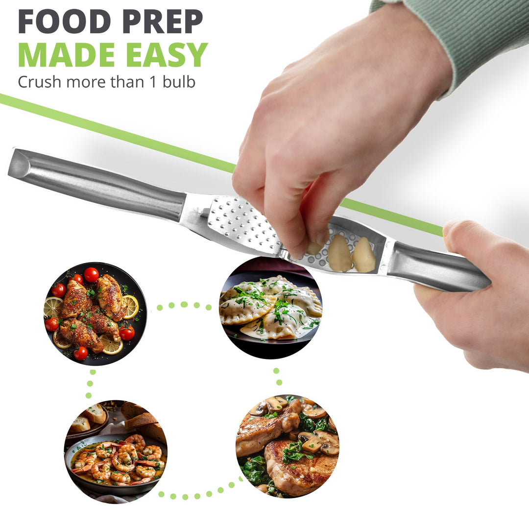 Garlic crusher in use for easy food prep, crushing garlic for different dishes