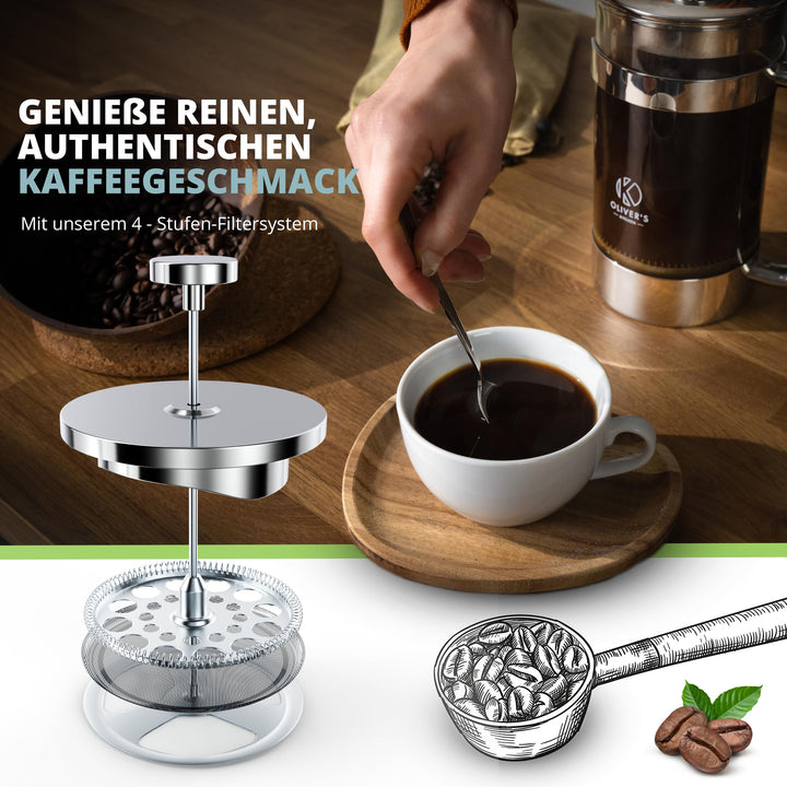 Oliver's Kitchen ® 1 Litre French Press Coffee Maker - Exclusively For Coffee Lovers - Enjoy Pure Authentic Coffee At Home - Stylish Design with Double Wall Thermal Insulation