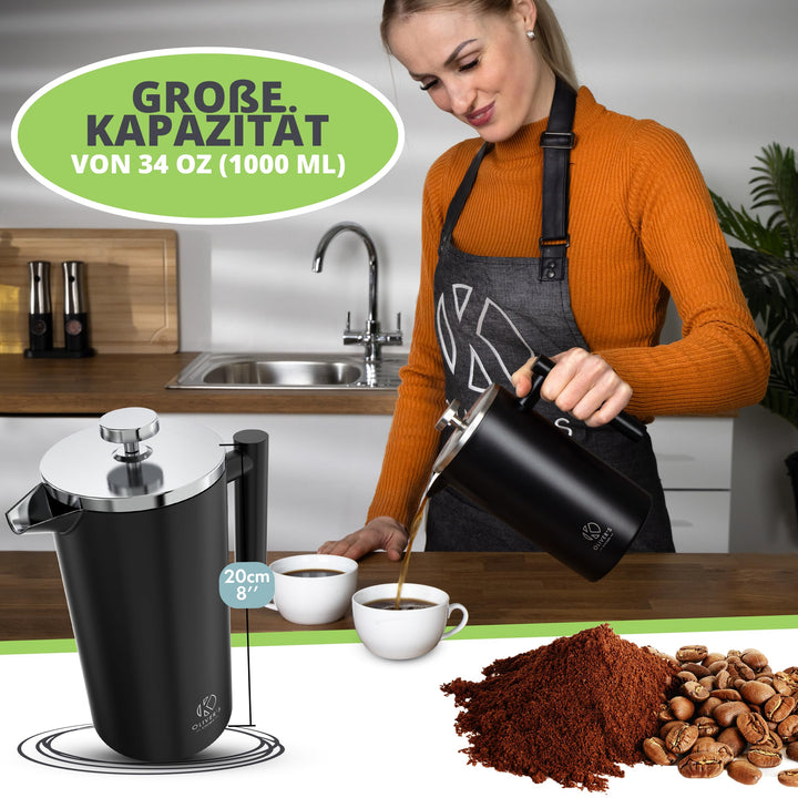 Oliver's Kitchen ® 1 Litre French Press Coffee Maker - Exclusively For Coffee Lovers - Enjoy Pure Authentic Coffee At Home - Stylish Design with Double Wall Thermal Insulation