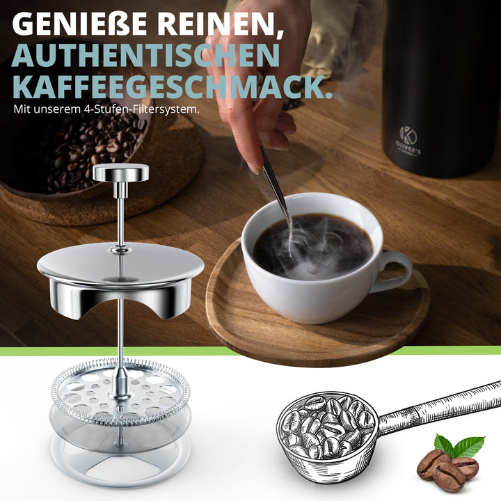 Oliver's Kitchen ® 1 Litre French Press Coffee Maker - Exclusively For Coffee Lovers - Enjoy Pure Authentic Coffee At Home - Stylish Design with Double Wall Thermal Insulation