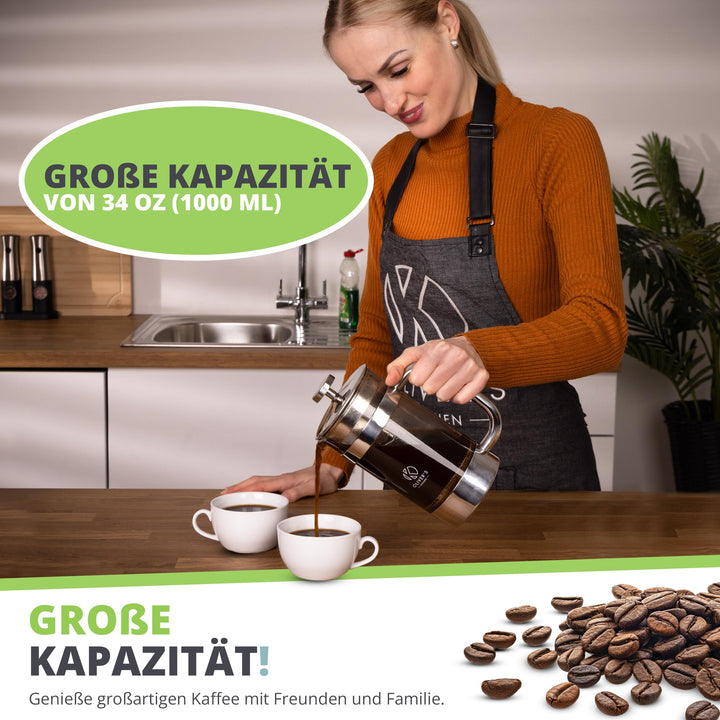 Oliver's Kitchen ® 1 Litre French Press Coffee Maker - Exclusively For Coffee Lovers - Enjoy Pure Authentic Coffee At Home - Stylish Design with Double Wall Thermal Insulation