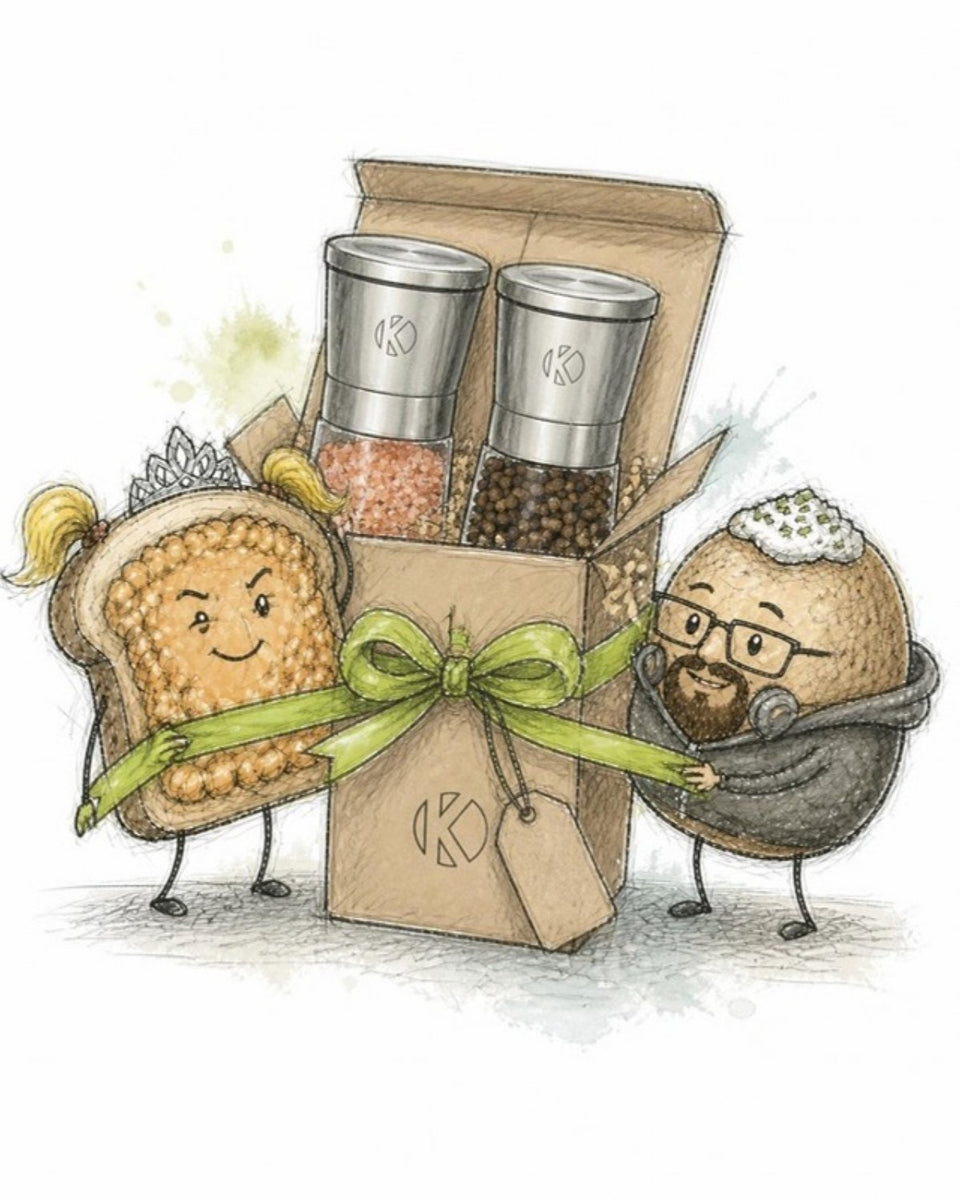 Toast and jacket potato characters tying a ribbon round the salt and pepper mill gift box