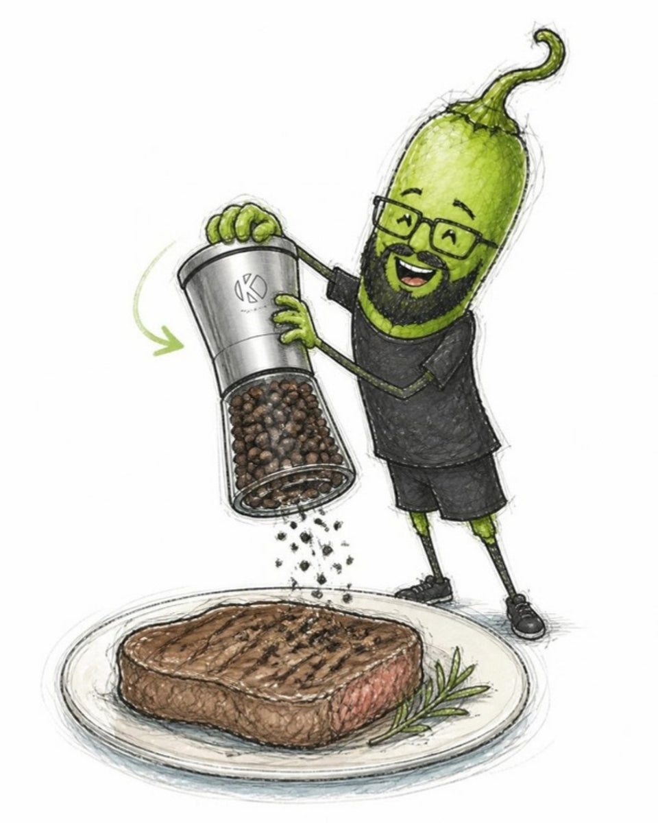 Chilli character twisting the glass pepper mill to grind pepper over a steak