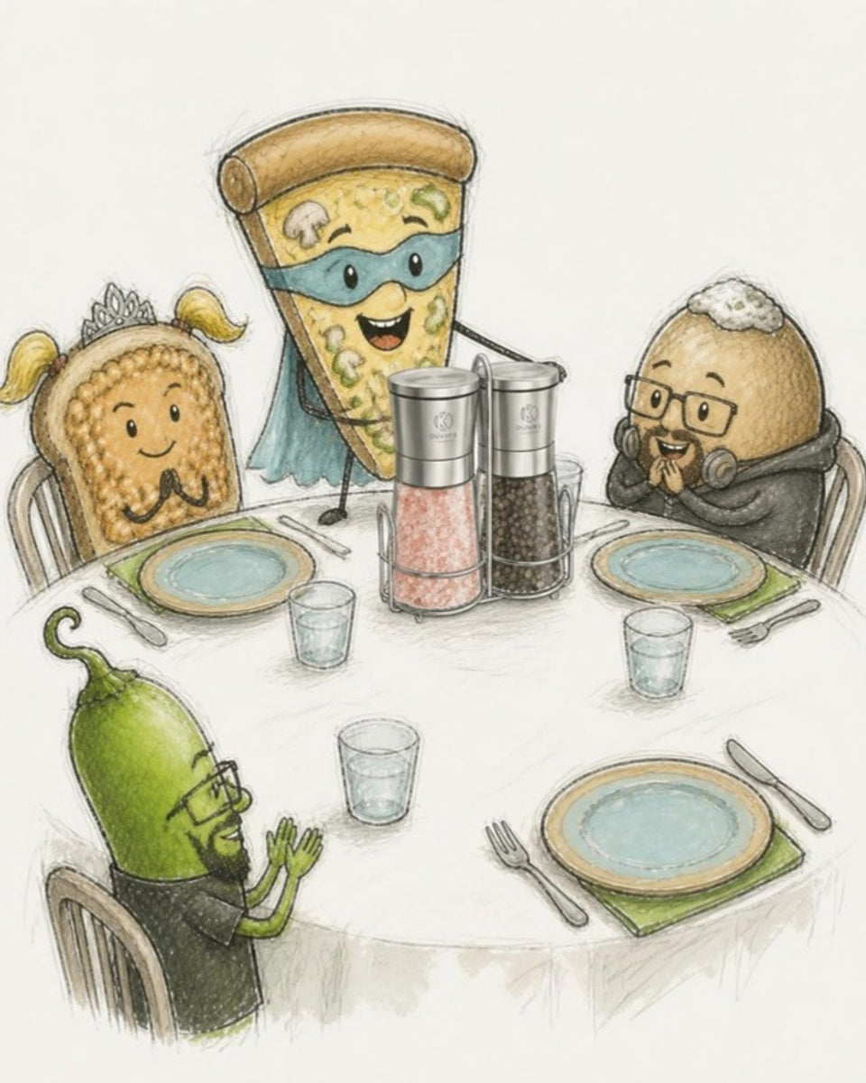 The Cheeky Bites family at the dinner table with the salt and pepper mills in their stand