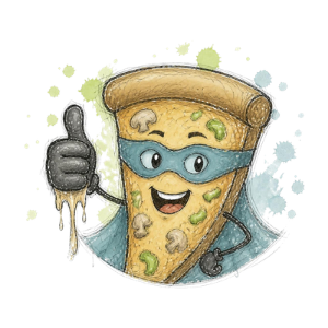 Cheeky Bites pizza slice superhero giving a thumbs up