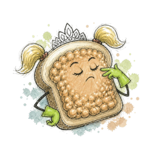 Cheeky Bites beans on toast character in a tiara