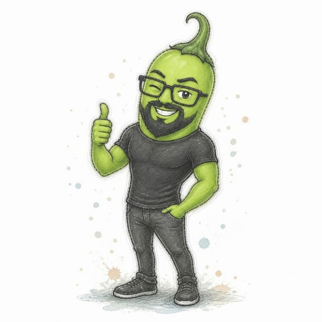 Green chilli Cheeky Bites character with beard and glasses, dressed in black, giving a thumbs up