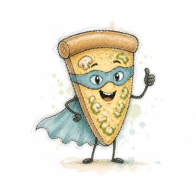 Pizza slice Cheeky Bites character in a superhero mask and cape, giving a thumbs up