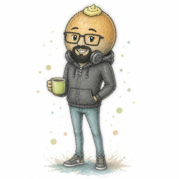 Kitchenware notes from Oliver's Kitchen - the jacket potato Cheeky Bites character in a hoodie holding a mug